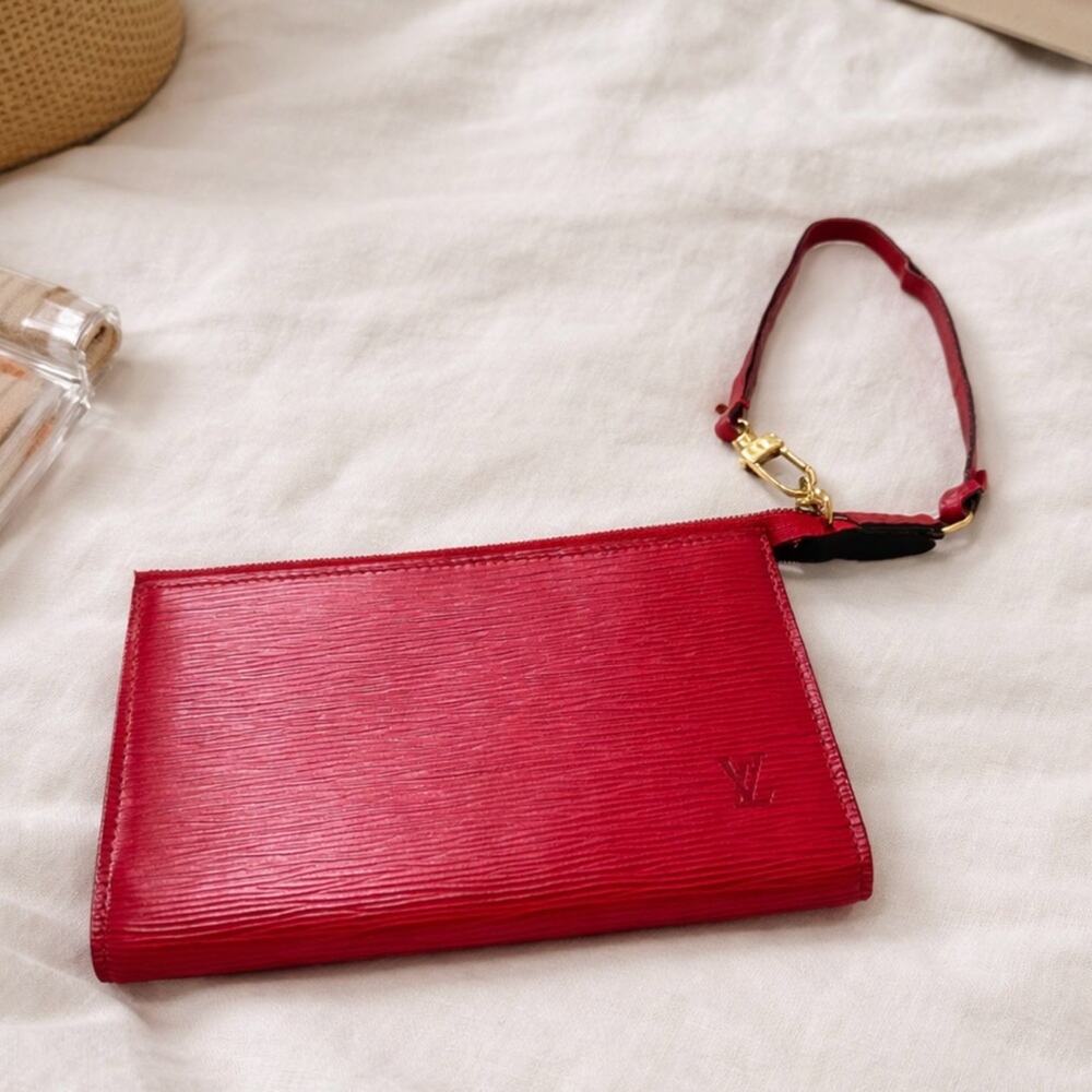 Louis Vuitton Red Epi Leather Pochette Wristlet Clutch Castilian Red LV Vintage